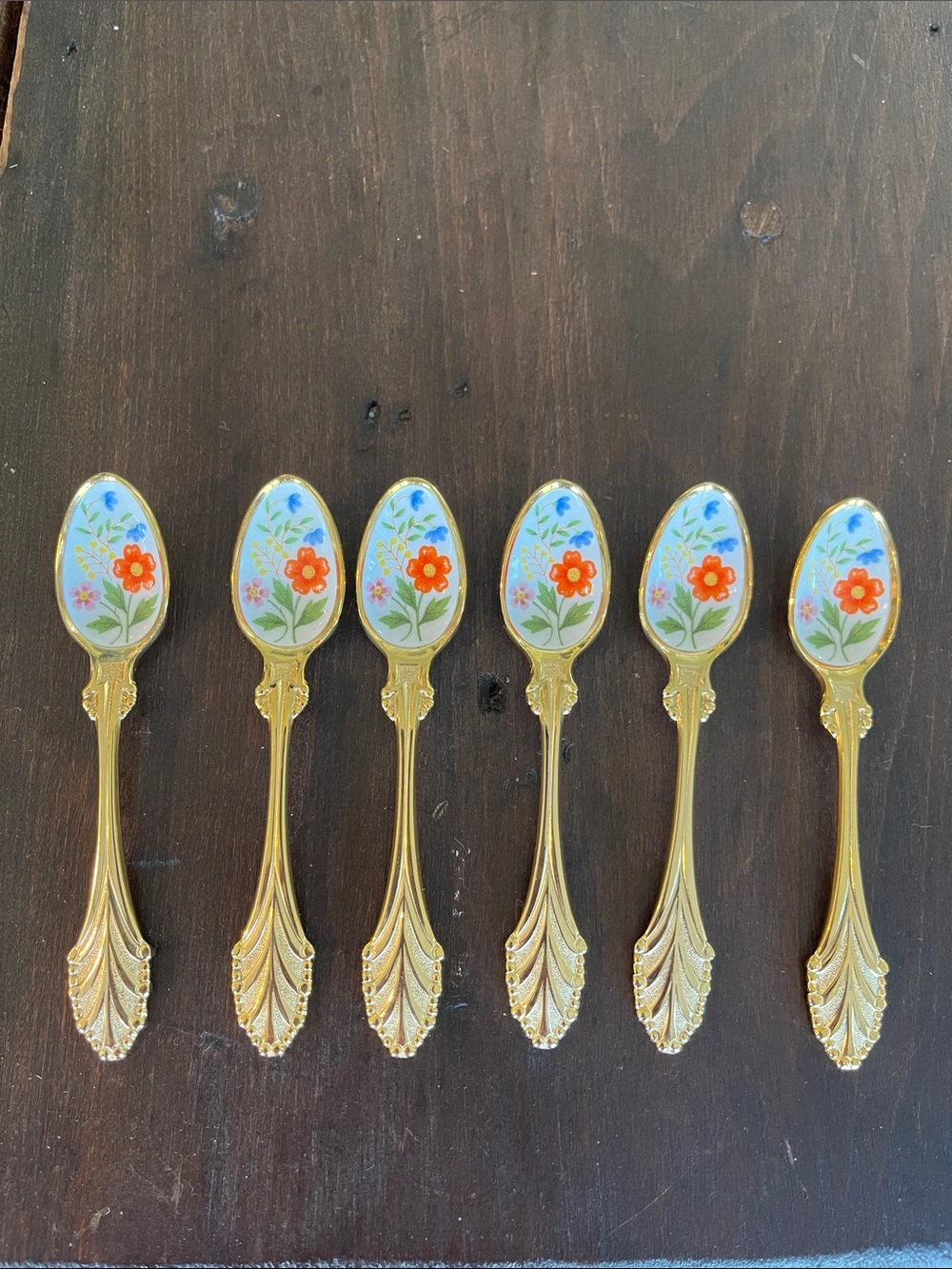Vintage Linden Gold-Plated Floral Enamel Inlay Set of Six Small Demitasse Spoons